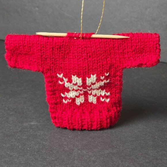 Mini Red Knit Christmas Sweater Ornament With Needles Nordic Snowflake 3" - Picture 1 of 5